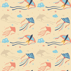 Seamless vector kite pattern with clouds and bows
