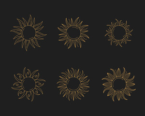 Set of celestial gold astrological tarot suns. Outline illustration