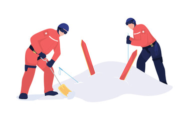Rescuers digging skier out semi flat color vector characters. Posing figures. Full body people on white. Avalanche rescue isolated modern cartoon style illustration for graphic design and animation