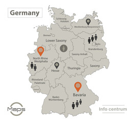 Germany map, individual regions with names, Infographics and icons vector