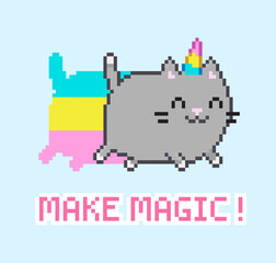 Pixel Art cartoon Cat Unicorn with Rainbow flying on blue background. Kawaii style Caticorn vector illustration. Cute running Unicorn Kitten with "Make Magic" text