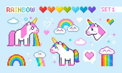 Fototapeta premium Pixel Art Unicorns wit Rainbow set, colorful 8-bit hearts icons, cute clouds - isolated vector elements collection. Cute White Unicorn icon in retro 8-bit video game style