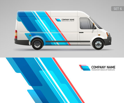 Realistic vector Van Mockup and wrap decal branding design and corporate identity. Abstract graphic of blue stripes Wrap, decal design for services van and racing car. Business Flyer design