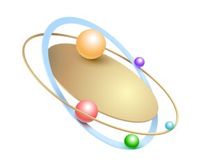 Colored balls roll in a gold rinds and circles 3d perspective geometric shape vector