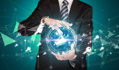 Businessman holdig business icons concept