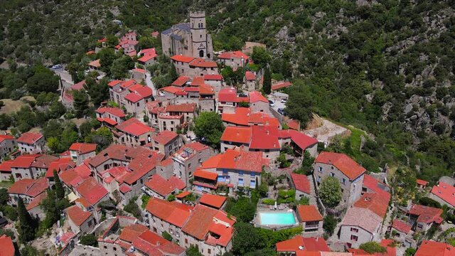 Aerial fly over above the village is Eus in French Catalonia - One of the Plus Beaux Villages de France