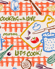Vintage Cooking Vector Seamless Pattern with Cooking Quotes. Hand Drawn with a Brush Design Depicting Cooking Ingredients and Kitchen Utensils. 