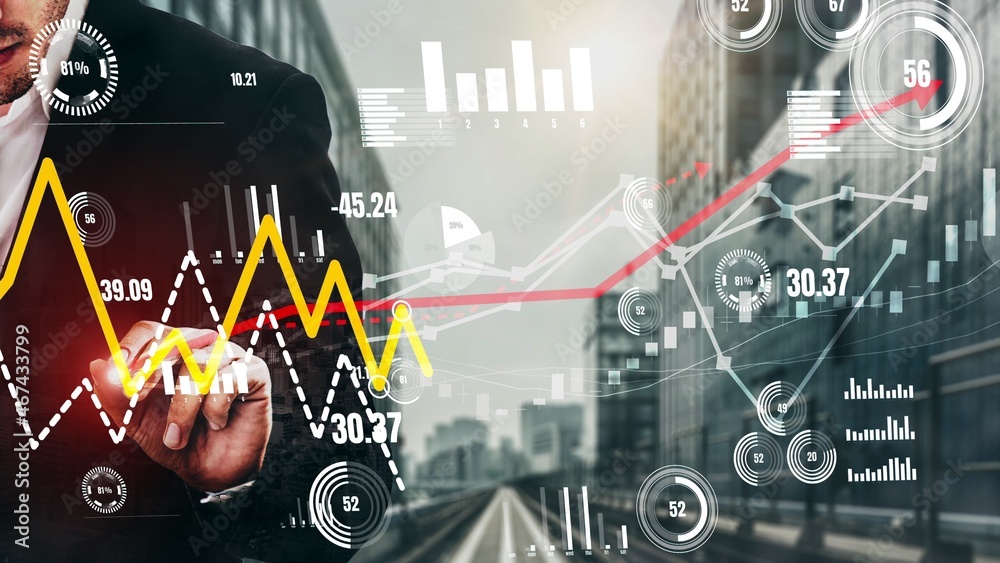Poster conceptual business dashboard for financial data analysis . 3d render computer graphic .
