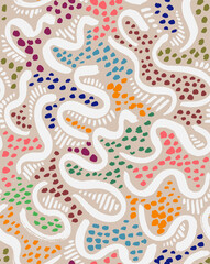 Ethnic African or Australian Wavy Seamless Pattern. Colorful Hand Drawn with a Brush Ribbons, Dots and Stripes. Trendy Vector Design for Fabric, Wrapping Paper, Gift Cards etc.
