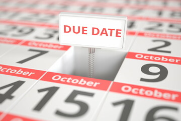 DUE DATE sign on October 8 in a calendar, 3d rendering