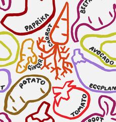 Organic Vegetables  Vector Seamless Pattern. Hand Drawn with a Brush Vegetarian Food with Written Names. Colorful Design for Cafe Menu Cover, Flyer, Brochure, etc.