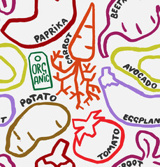 Organic Vegetables  Vector Seamless Pattern. Hand Drawn with a Brush Vegetarian Food with Written Names. Colorful Design for Cafe Menu Cover, Flyer, Brochure, etc.