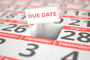 DUE DATE sign on August 27 in a calendar, 3d rendering