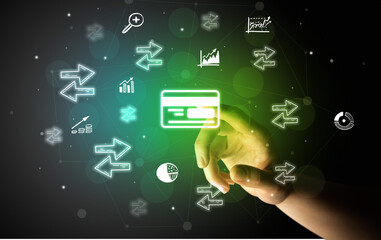 Businessman finger touching on screen multimedia interface with hand drawn currency icons