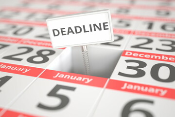 DEADLINE sign on December 29 in a calendar, 3d rendering