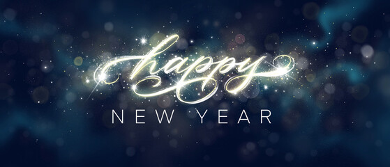 Happy New Year Glowing Hand Lettering In Front Of A Sparkly Night Sky