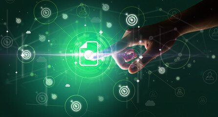 Businessman hand pressing stock graphic information on multitouch screen