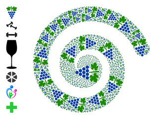 Grapes bunch icon spiral twirl composition. Grapes bunch icons are united into spiral mosaic structure. Object cycle created from scattered grapes bunch icons. Some similar icons are designed.