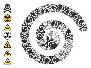 Death skull icon spiral composition. Death skull symbols are united into spiral vector illustration. Object twist is combined from randomized death skull symbols. Some other icons are pictured.