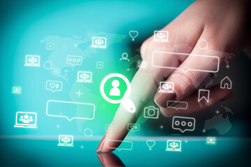 Close-up of a hand using tablet, social media concept