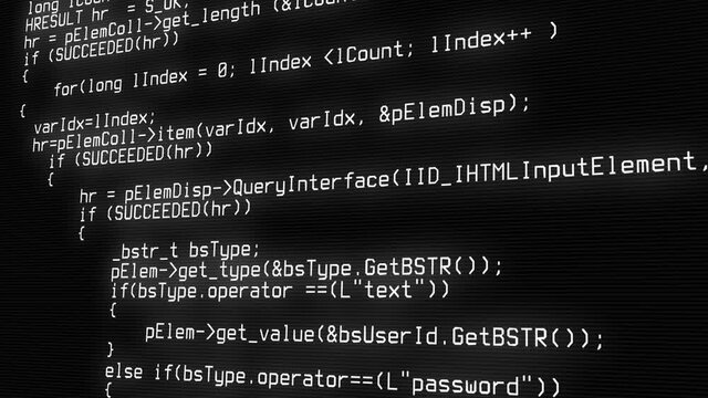 Programming code running over computer screen terminal, hacking concept