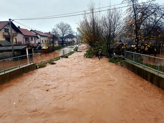 The swollen river Tilava flooded the surrounding houses in Kotorac, Bosnia and Herzegovina