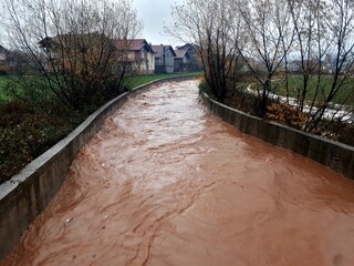 Autumn floods in Butmir, river Tilava, near Sarajevo, Bosnia and Herzegovina