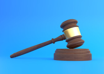 Wood Judge gavel on blue background. Payment for legal education. Bidding at auctions. Liability for corruption. Protection of rights. Law and fine. Tax avoidance. 3d render illustration