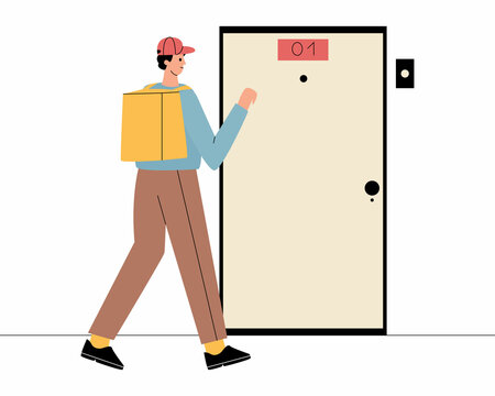 A male courier delivers a parcel to the address. The courier is at the door, the courier knocks on the door. Delivery from online stores. Vector illustration
