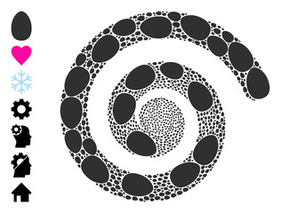 Egg icon spiral stream mosaic. Egg icons are formed into cycle mosaic structure. Object spiral is done from scattered egg icons. Some other icons are pictured.