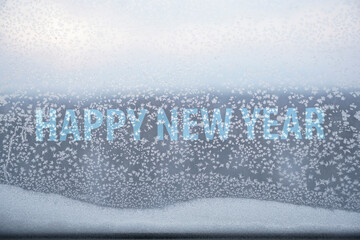 Winter iced pattern on frozen window glass, bad ventilation concept, cold temperature outside and...
