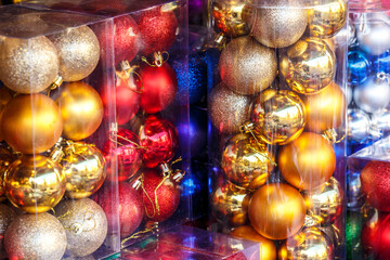 merry christmas, cute festive decoration close up, beautiful toys for new year.Glass Christmas balls for the Christmas market.