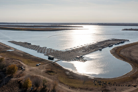 Sturgeon fish reproduction farm near Astrakhan. View from above. . High quality photo