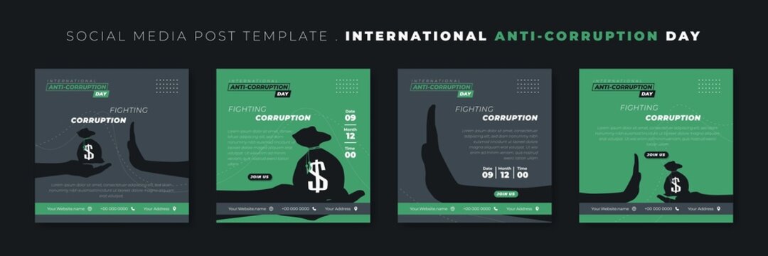 Set of social media post template with hand giving dollar bag and hand stop design. International Anti Corruption Day template design.