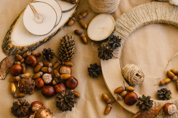 DIY a wreath made of natural materials. Autumn handmade needlework.