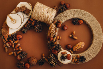 DIY a wreath made of natural materials. Autumn handmade needlework.