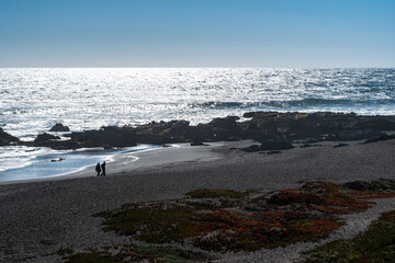 Fototapeta na wymiar Couple enjoying a walk on the shore of pichilemu's infiernillo beach on a sunny day.