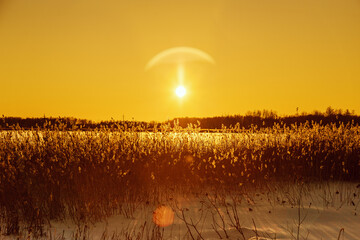 Winter sunset landscape with snow-covered field and bright glare from sun, grass covered with frost