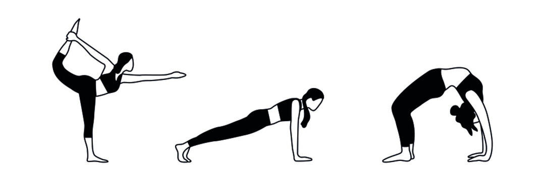 Set of fitness woman flat shape design. Stretching, Pilates, yoga, balance, ballet, dance exercises. Sport vector concept 