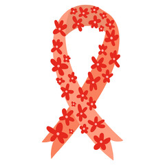 Red ribbon - Aids HIV awareness symbol emblem silhouette decorated with hand drawn bright simple flowers. Hope concept for HIV positive people. Vector illustration isolated on white background