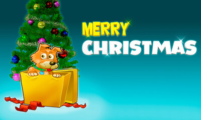 cute doggy in the gift box at christmas. Cartoon style christmas card, merry christmas.