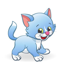 cute smiling blue cartoon kitten cat character standing