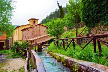 Fototapeta na wymiar landscape of the medieval village of Rasiglia fraction of Foligno, Perugia, Italy