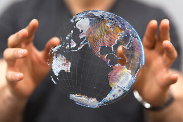 Communication technology global world network concept. Connection lines Around Earth Globe, Motion of digital data flow