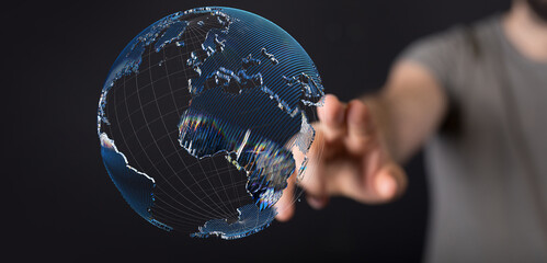 Communication technology global world network concept. Connection lines Around Earth Globe, Motion of digital data flow