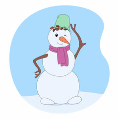 Cute smiling snowman in cartoon style. Vector illustration for christmas or new year. Winter sticker