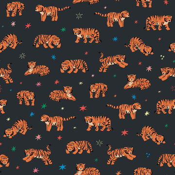 funny tiger african animals with stars vector seamless pattern