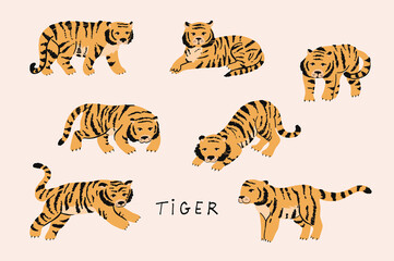 funny tiger african animals vector illustrations set