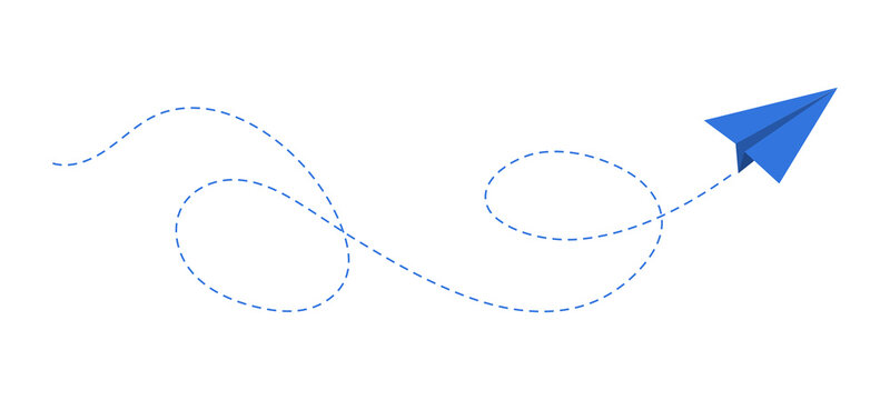 Blue paper plane with dotted path. Vector design element