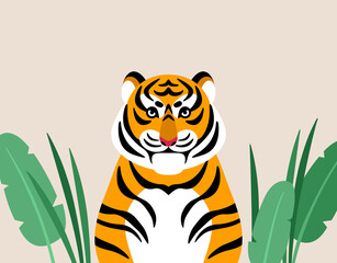 Savage tiger with tropical leaves. Vector illustration. Chinese New year 2022 symbol. Indian or african wild cat cartoon poster.